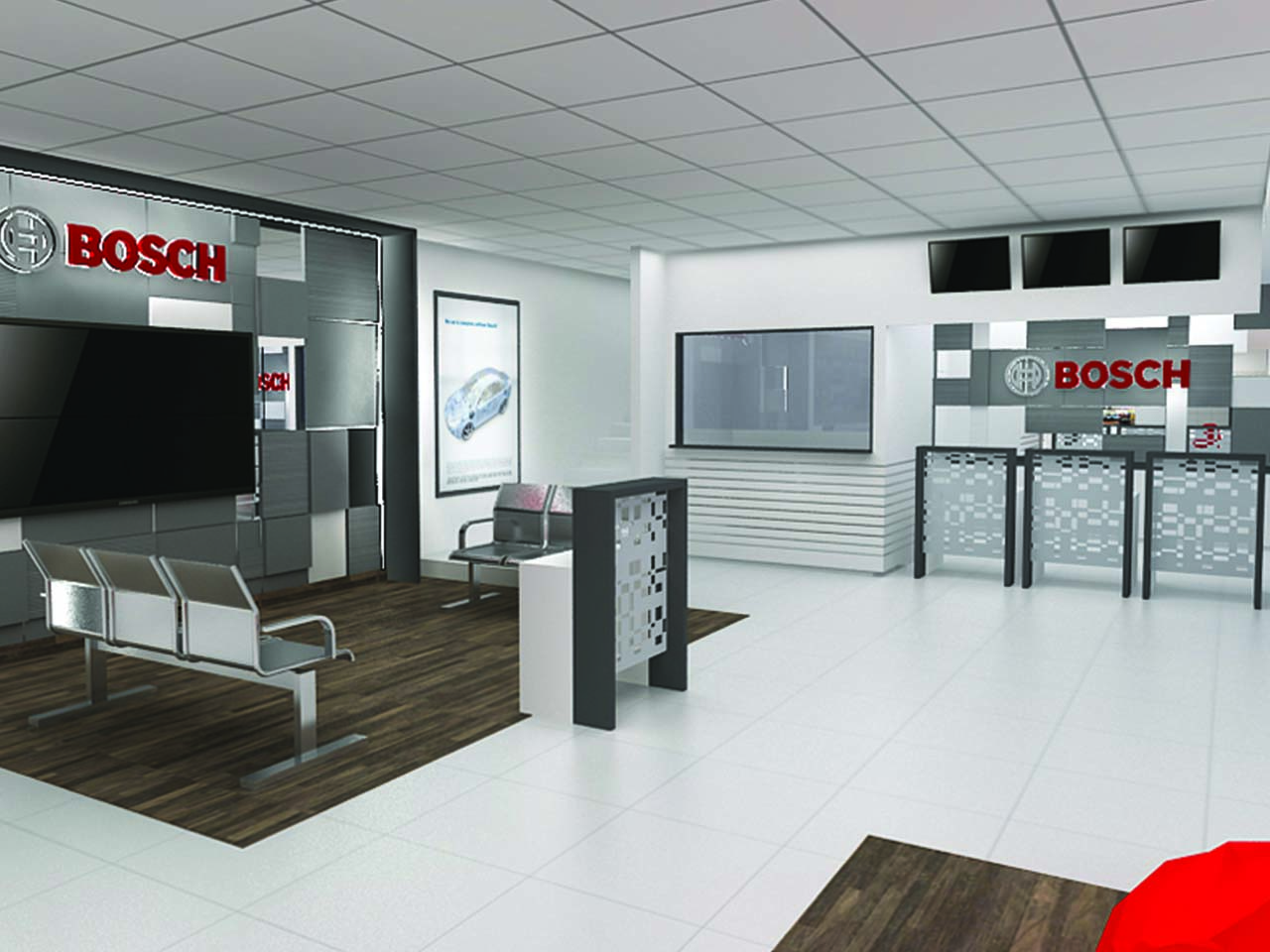 View of the Lounge at Bosch experience center with arrangement for seating of the guests