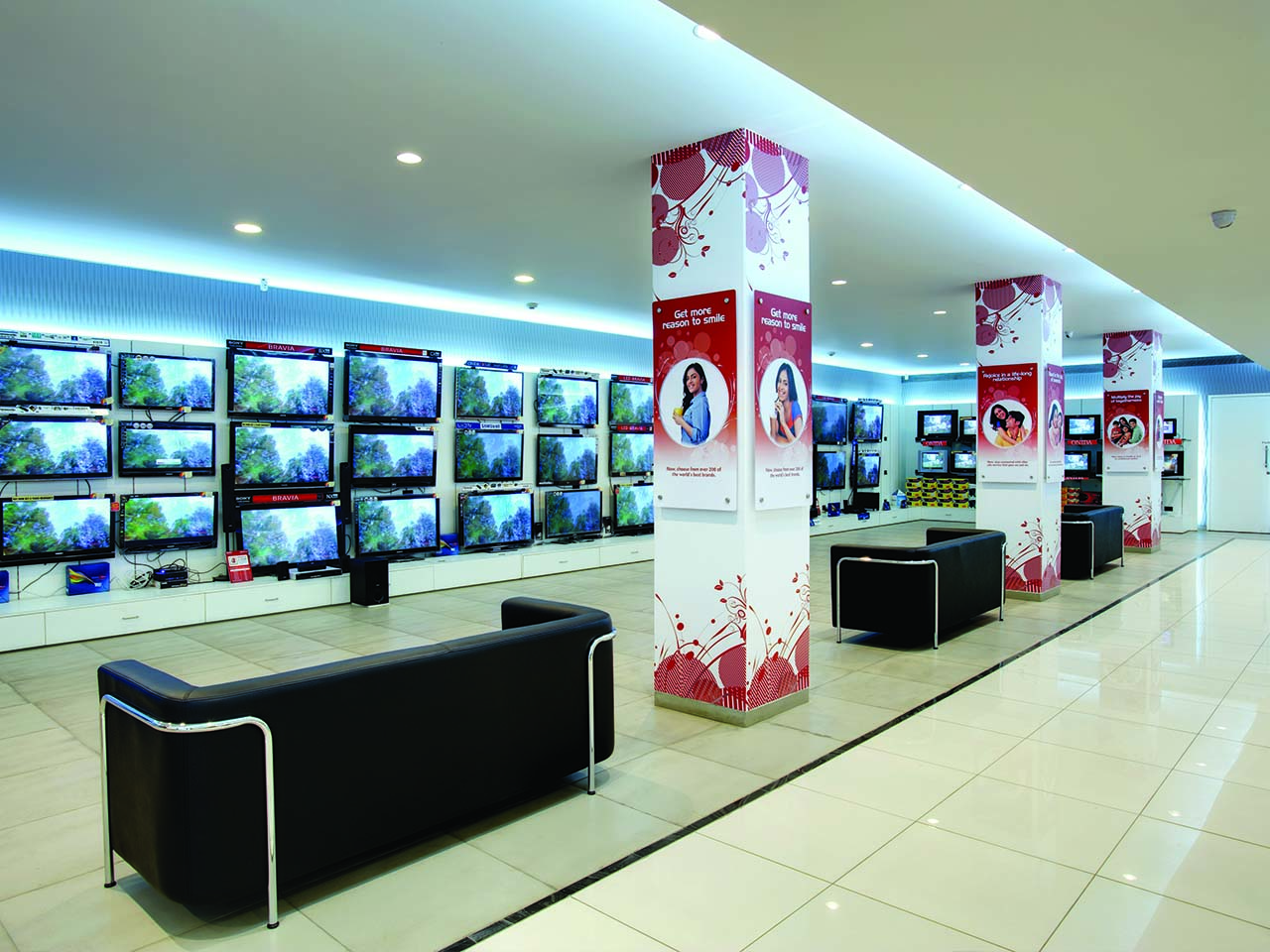 View of the variety of TVs at Harsha electronics retail store