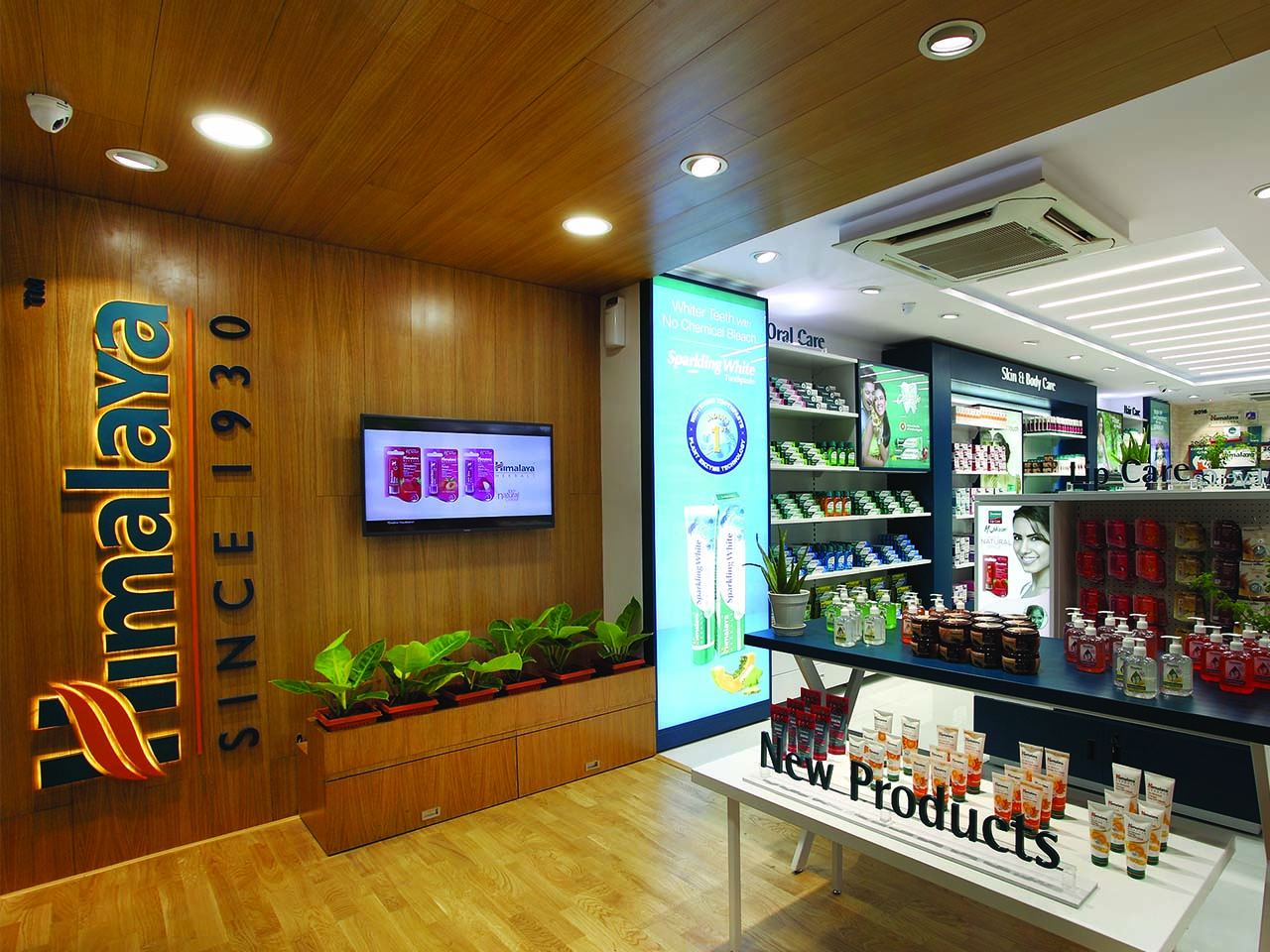 Entrance of the Himalaya wellness store designed by StudioJ with different products being displayed