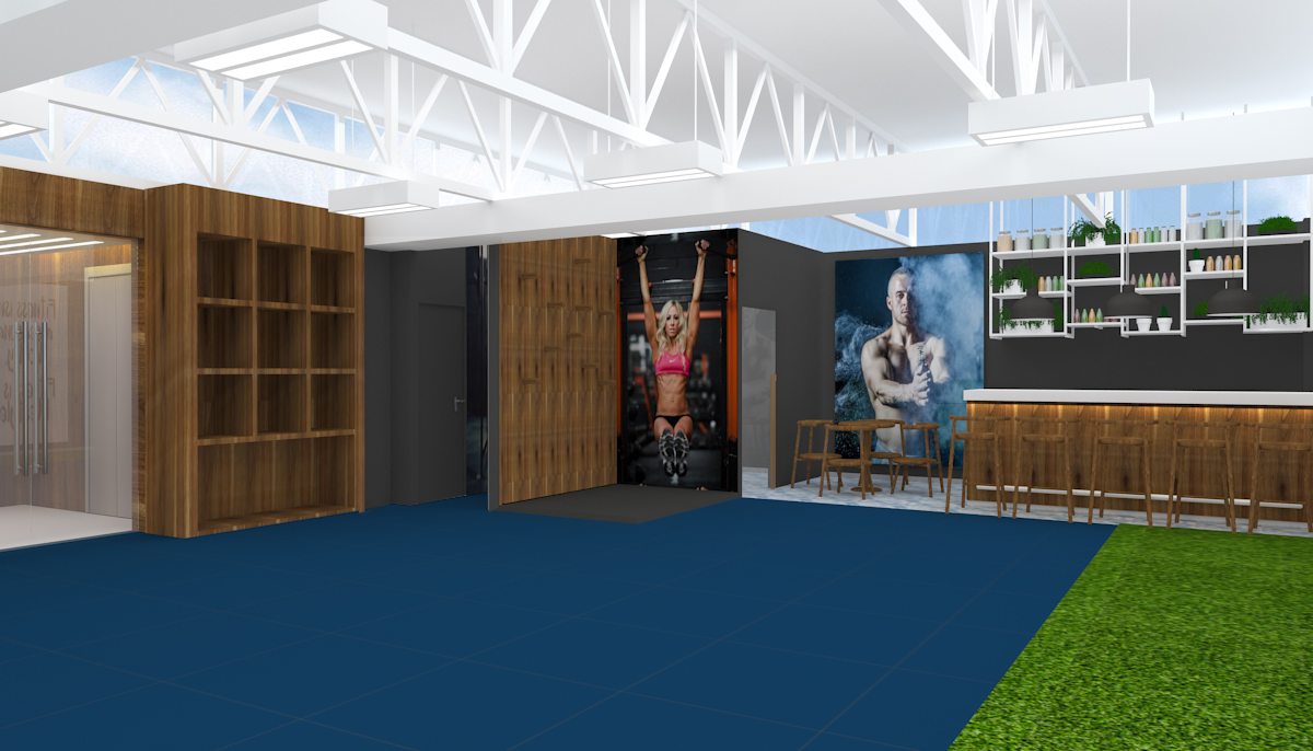 3d model of cross fit area entrance at Jymka fitness designed by StudioJ
