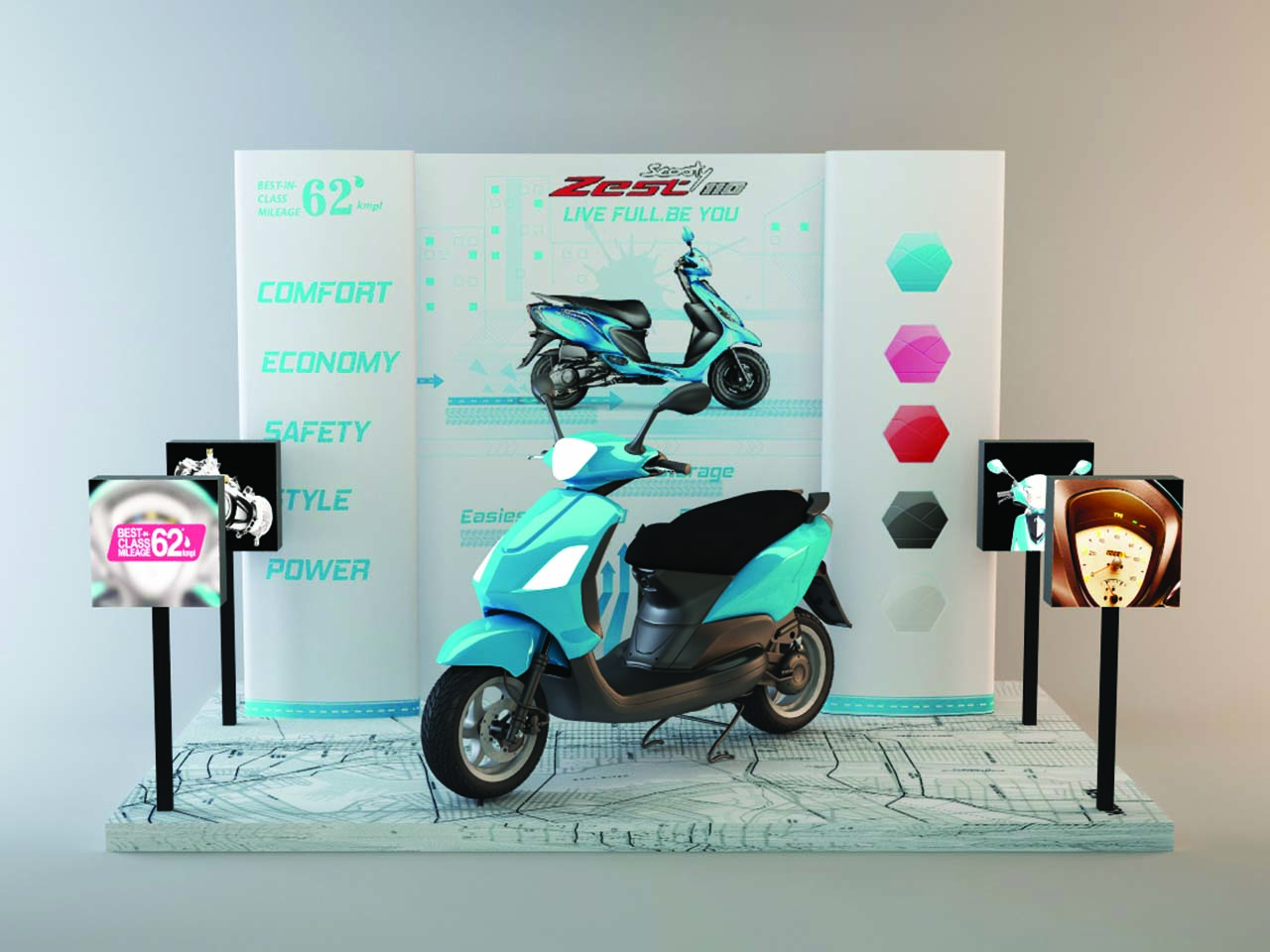 Visual Merchandising of blue coloured Scooty designed by StudioJ