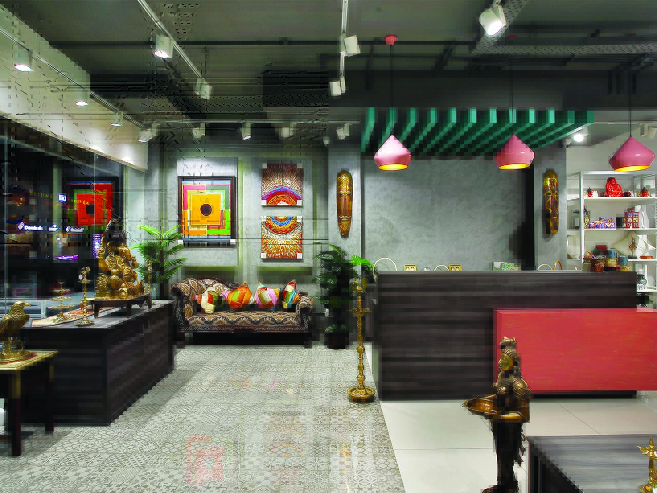 View of the cash counter at the Tesor home decor retail store