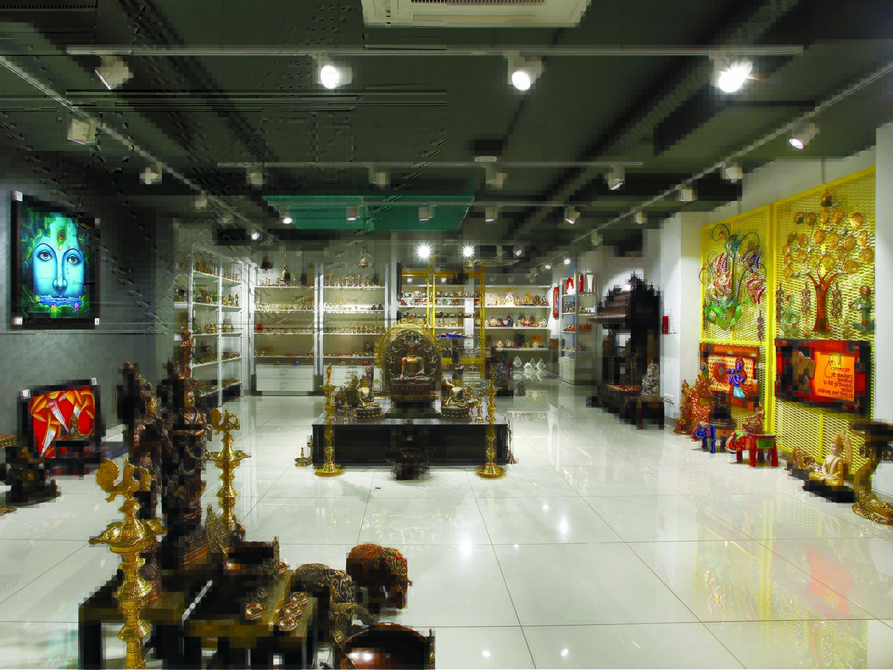 A collection of different copper artifacts in the Tesor home decor showroom designed by StudioJ